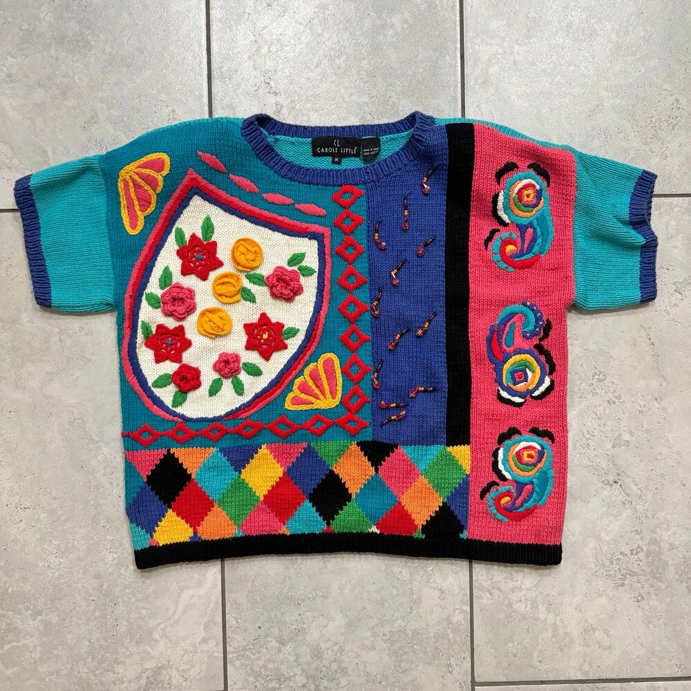 VTG 80s Carole Little Colorful Floral Handknit Short Sleeve Sweater Shirt Sz M